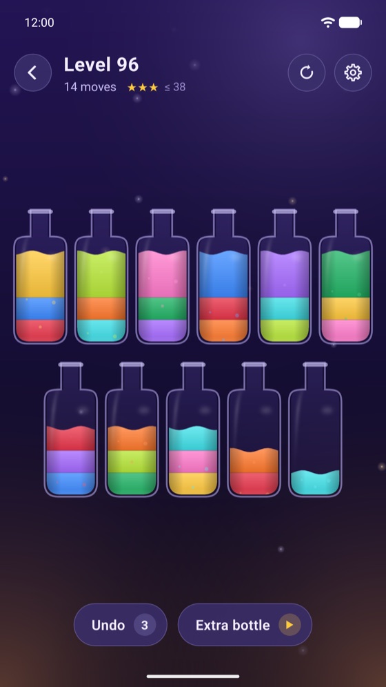 A level in progress with corked, glowing bottles