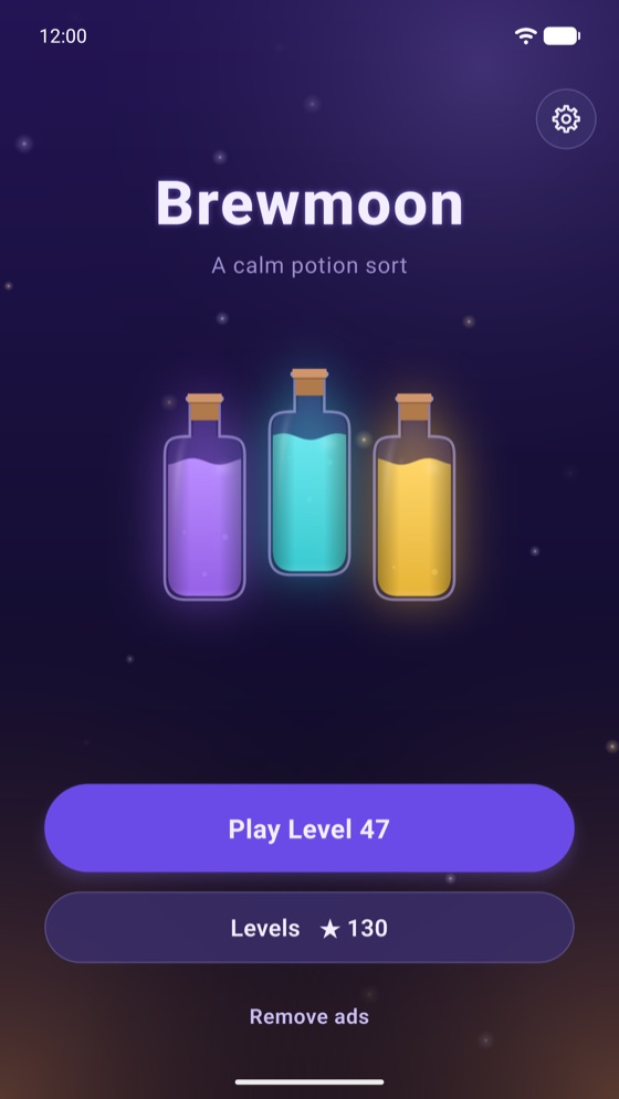 Brewmoon home screen with three glowing potion bottles